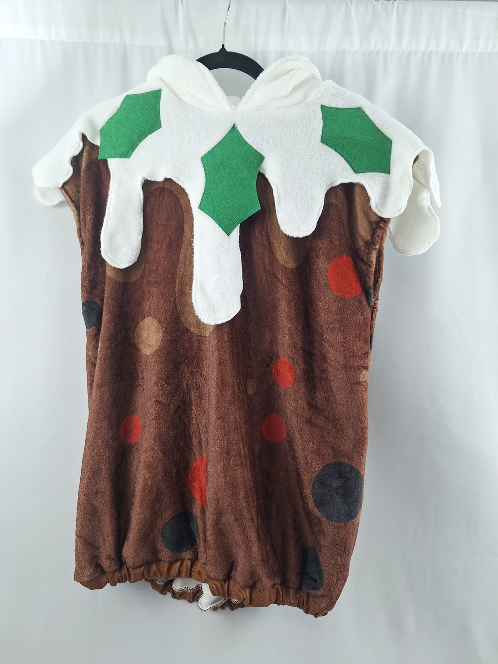 Kids Brown Holiday Pudding Costume with White Frosting and Green Holly
